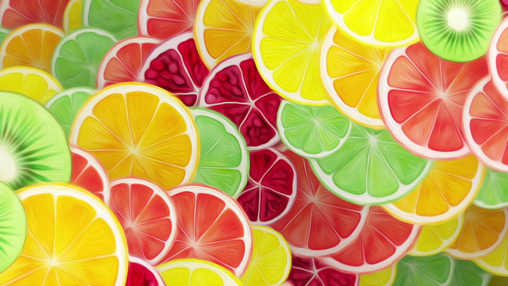 Vibrant Colorful fresh fruit slices motion background in the style of