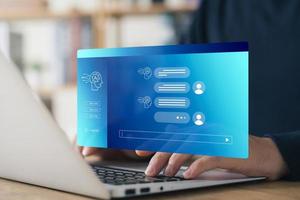 Concept Humans work with artificial intelligence, humans use intelligent AI technology enter command prompt for generates to solve problems, let AI help humans do their jobs. photo