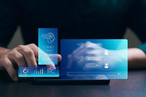 Concept Humans work with artificial intelligence, humans use intelligent AI technology enter command prompt for generates to solve problems, let AI help humans do their jobs. photo