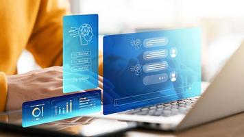 Concept Humans work with artificial intelligence, humans use intelligent AI technology enter command prompt for generates to solve problems, let AI help humans do their jobs. photo