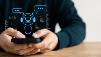 Concept Humans work with artificial intelligence, humans use intelligent AI technology enter command prompt for generates to solve problems, let AI help humans do their jobs. photo