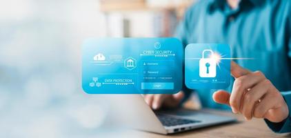 Cybersecurity with username and password, businessman using secure laptop encryption technology, personal data protection, global network security technology, cybersecurity concept. photo