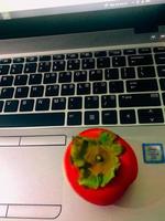 Vibrant and juicy kaki fruit on a laptop photo