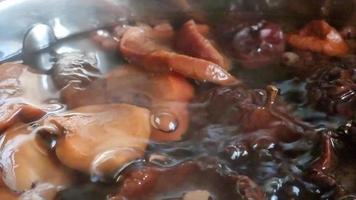 Preparation of dried fruit compote. Boiling close-up. Brewed with dried apples, pears and red currants. video