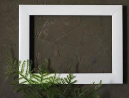 empty white photo frame, green twig on a dark background