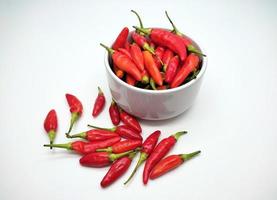 Chili peppers or Cayenne pepper or Cabe rawit in a bowl isolated on white background. photo