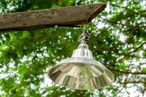 closeup vintage lamp hang on wooden pole and  blurred green nature background photo
