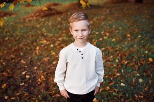 A happy boy stands in the autumn forest photo