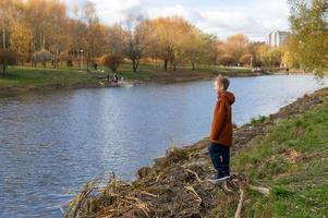 un linda chico soportes en el apuntalar de un lago en el parque en otoño foto