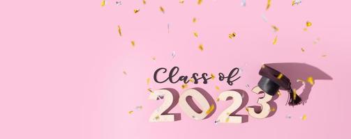 Class of 2023 concept. Numbers 2023 with black graduated cap on colored background photo