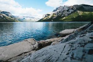 Lake Minnewanka in Alberta, Canada on a cloudy day with stunning mountains and water reflections photo