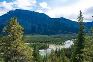 Tunnel Mountain Hoodoos Lookout in Alberta, Canada with stunning mountains and blue sky photo