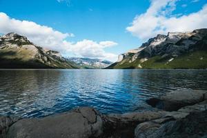 Lake Minnewanka in Alberta, Canada on a cloudy day with stunning mountains and water reflections photo