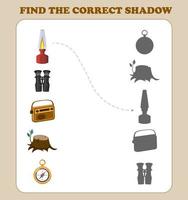 Developmental game for kids find the right shadow or silhouette. Printable worksheet. Fun task with camping elements - benockle, radio, stump, kerosene lamp, compass. vector