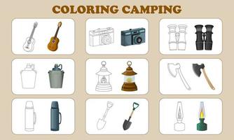 Set of coloring pages on the theme of summer and travel. Bright coloring elements for camping. Coloring book vector illustration.