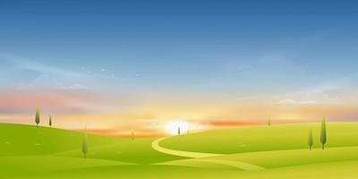 Spring Nature Background of Green Field Landscape with Sunrise Sky,Horizon Summer rural with grass land, pine tree on hills with Sunset Sky.Vector Cartoon banner for Easter,Earth day,Ecology concept vector