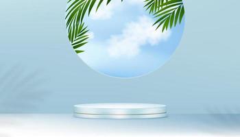 Summer background,Empty Studio Room backdrop with 3D podium display,Palm Leaves,Cloud,Blue Sky on Wall,Vector Backdrop Background for for Spring,Summer Product Presentation vector