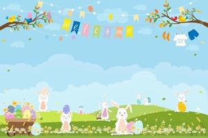 Easter greeting card background, Spring field with Bunny hunting Easter eggs,Vector Cute cartoon Hare Rabbits and honey bees flying in grass field. Spring or Summer time banner with copy space vector