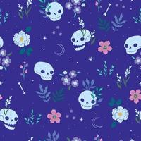 Seamless pattern with skulls and flowers on a blue background. Vector graphics.
