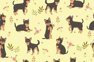 Seamless pattern with flowers and cute chihuahua dogs. Vector graphics.