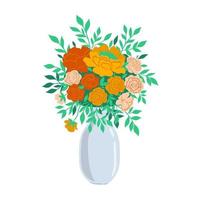 A bouquet of flowers in a vase isolated on a white background. Vector graphics.
