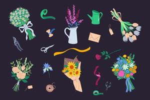 un conjunto de florista herramientas, tijeras, cintas, ramos de flores, flores vector gráficos.