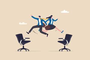 Job rotation or employee switch position for new skill and experience, moving to new responsibility within organization concept, businessman and woman jump on office chair metaphor of job rotation. vector