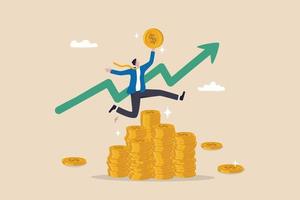 Success investing, growing wealth or being rich from pension or mutual fund, stock market return, money or financial success concept, rich businessman jump high on money coin stack with growth graph. vector