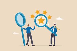 Appraisal, evaluate or assessment for quality or value, property or real estate rating evaluation, analyze employee performance concept, businessman with magnifying glass with stars quality score. vector