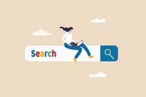 Search box, SEO search engine optimization or finding website from internet, online job or career opportunity concept, woman working with computer laptop on search box with magnifying glass button. vector