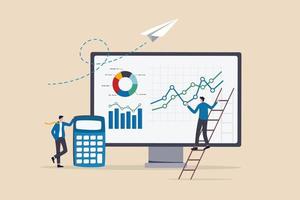 datos análisis, financiero tablero o contabilidad, corporativo ingresos o inversión ganancia, impuesto, presupuesto o márketing estrategia concepto, negocio personas trabajando con financiero tablero y calculadora. vector