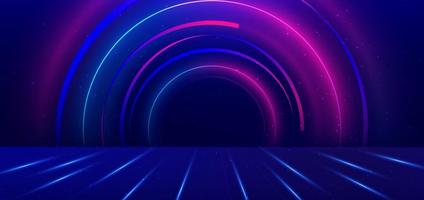 Abstract technology futuristic neon circle glowing blue and pink  light lines with speed motion blur effect on dark blue background. vector