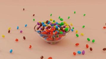 Slow motion 3d animation video of colorful chewing gum falling into a glass bowl and spilling over