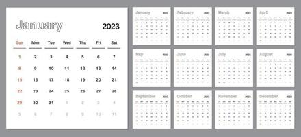 Classic monthly calendar for 2023. Calendar in the style of minimalist square shape. The week starts on Sunday. vector