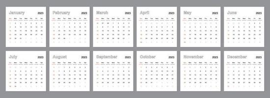 Classic monthly calendar for 2023. Calendar in the style of minimalist square shape. The week starts on Sunday. vector