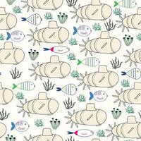 Seamless pattern with beige color submarines, fishes and seaweeds. Vector illustration in flat design.