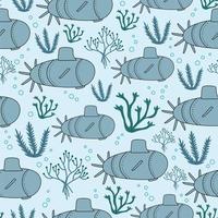 Underwater sea pattern with submarine and corals. Seamless doodle vector print of ocean floor.