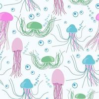 Medusa modelo. sin costura impresión de linda vistoso dibujos animados mar animal, transparente criaturas de diferente formas vector