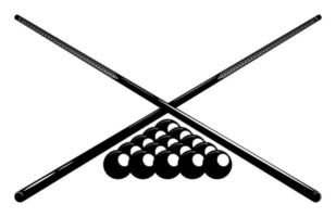 Crossed billiard cues and pool ball set. Symbol, emblem of billiard competition. Sports equipment. Vector