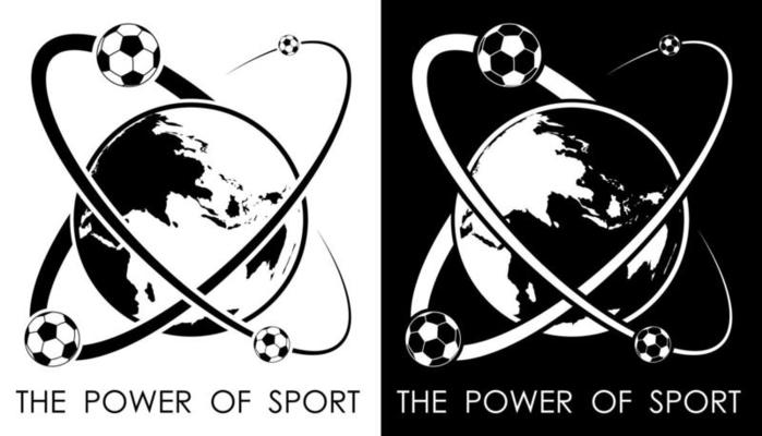 soccer balls revolve around planet earth in form of atom. Power and energy of sport. Football sport competition emblem. Vector
