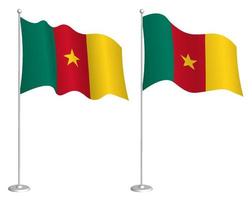 Cameroon flag on flagpole waving in wind. Holiday design element. Checkpoint for map symbols. Isolated vector on white background