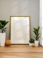 3D illustration mockup blank photo frame in living room rendering