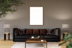 3D illustration Mockup blank photo frame in living room rendering