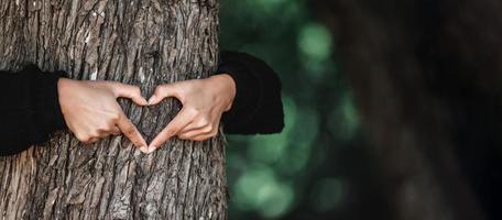 Young woman hug a tree in the forest and show a sign of heart and love for nature with copy space photo
