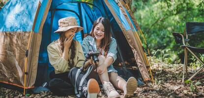 Young woman use camera taking photo and show her friends