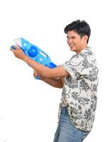 Portrait young man with water bowl in Songkran Festival photo