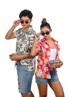 Portrait Young couple enjoy with water bowl on Songkran festival photo