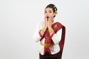 Portrait of Beautiful Thai Woman in Traditional Clothing excited Posing photo