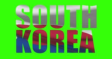 sul Coréia país letras palavra texto com bandeira acenando animação em verde tela 4k. croma chave fundo video