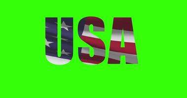 USA country lettering word text with flag waving animation on green screen 4K. Chroma key background video